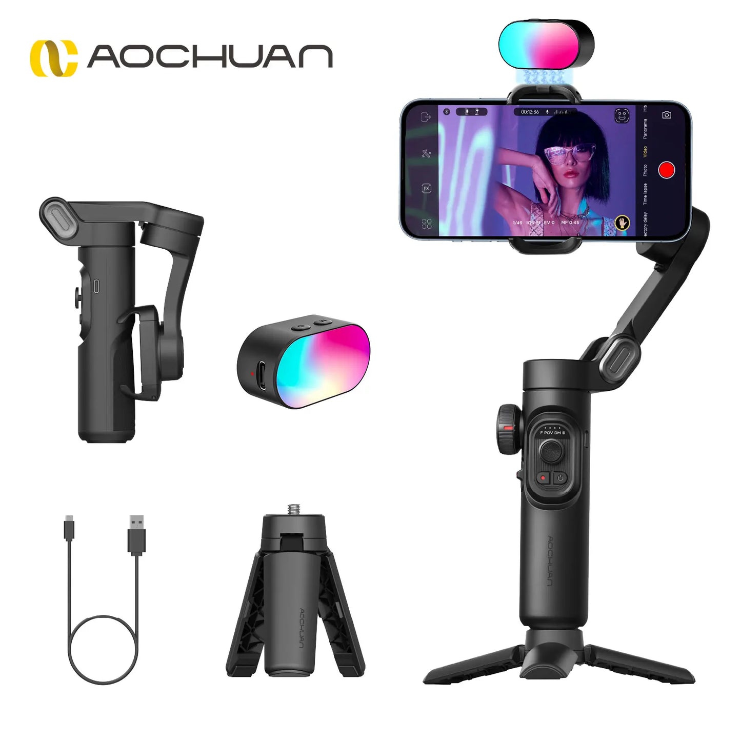 AOCHUAN Smart XE Kit Gimbal Stabilizer for Smartphone iPhone Video Recording Magnetic Fill Light 3-Axis Foldable Android Gimble